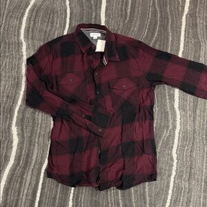 Sun + Stone Burgundy and Black Plaid Casual Button Down Shirt